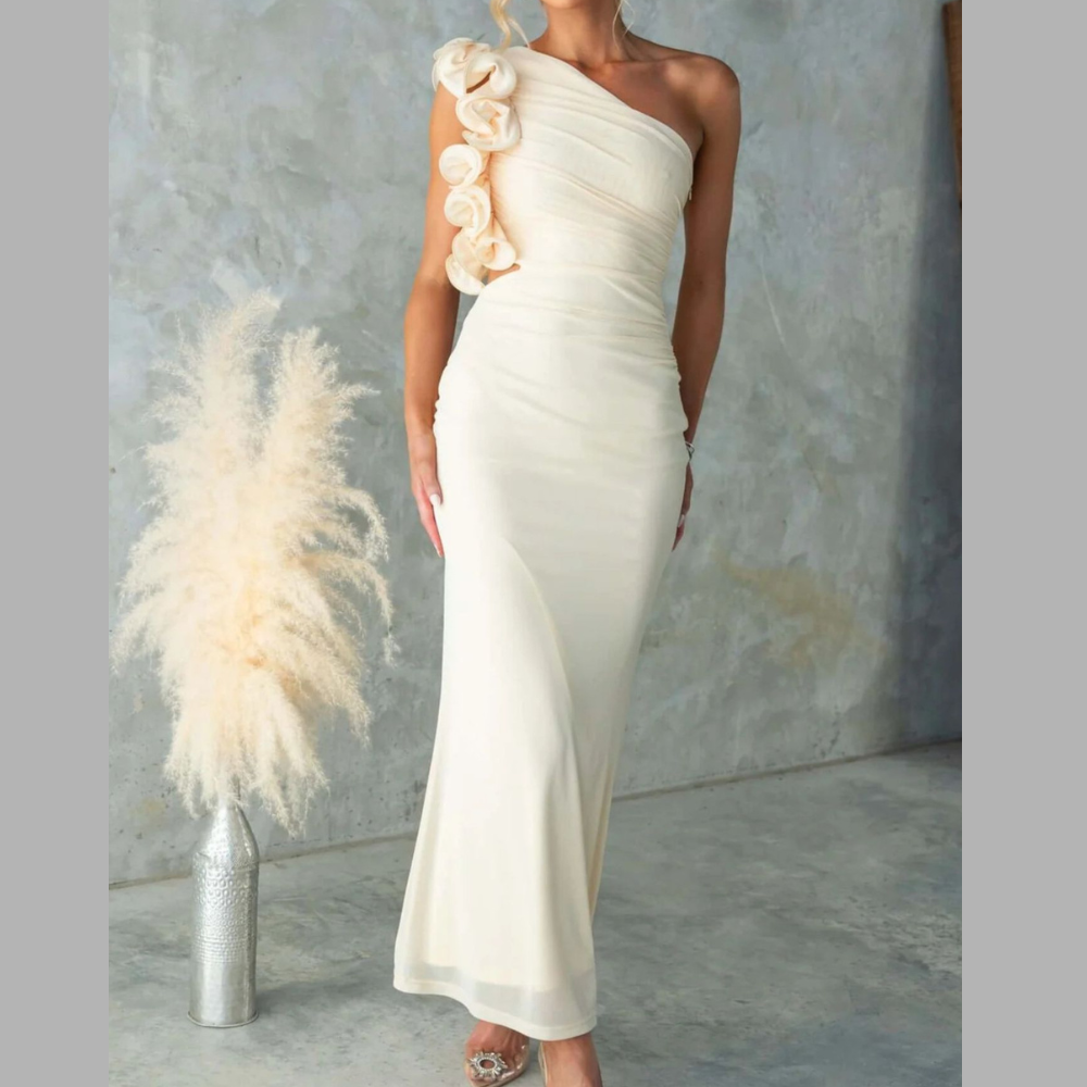 One-Shoulder Floral Trim Sleeveless Maxi Dress