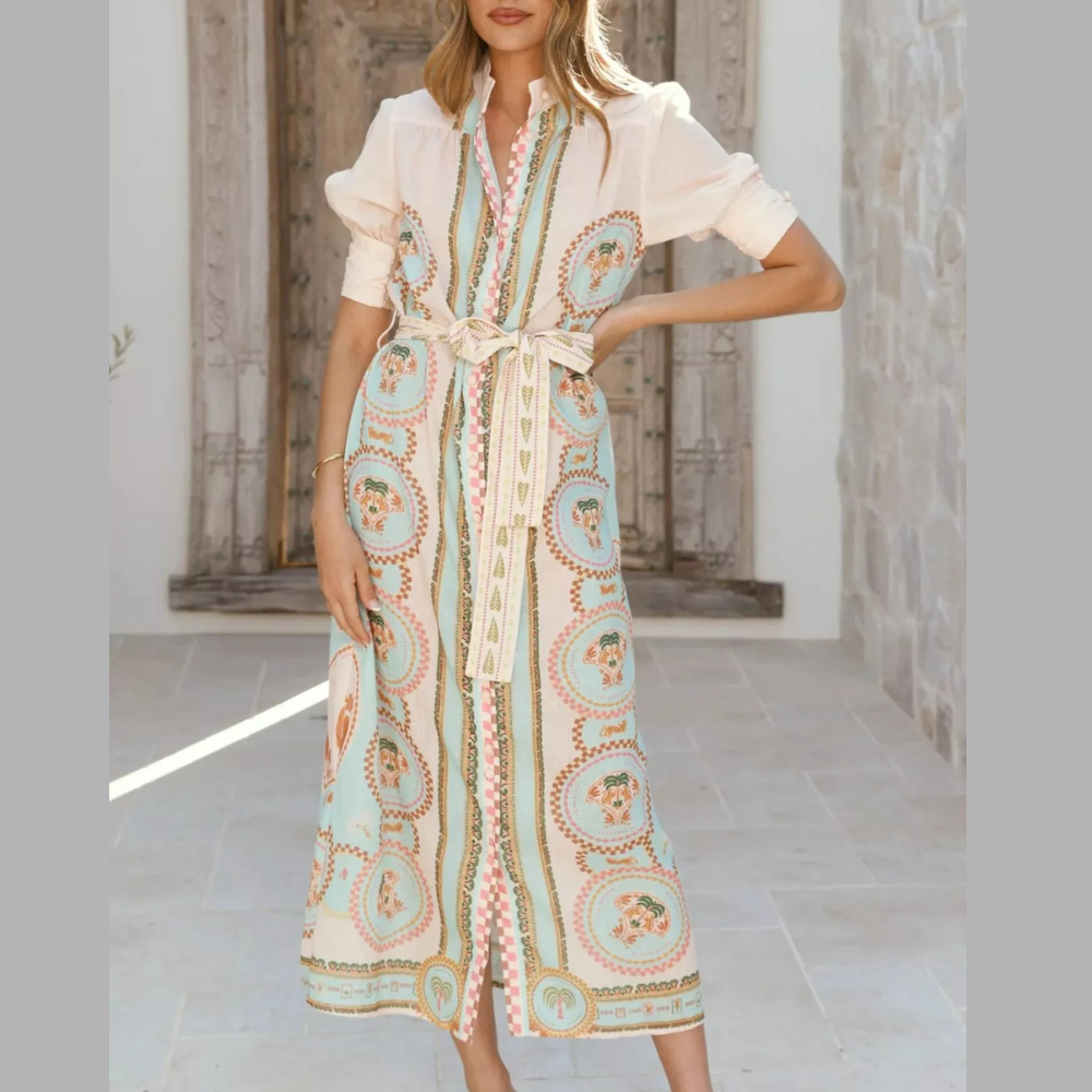 Printed Puff Sleeve Tie Waist Midi Dress