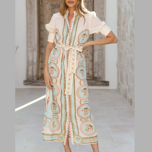 Printed Puff Sleeve Tie Waist Midi Dress