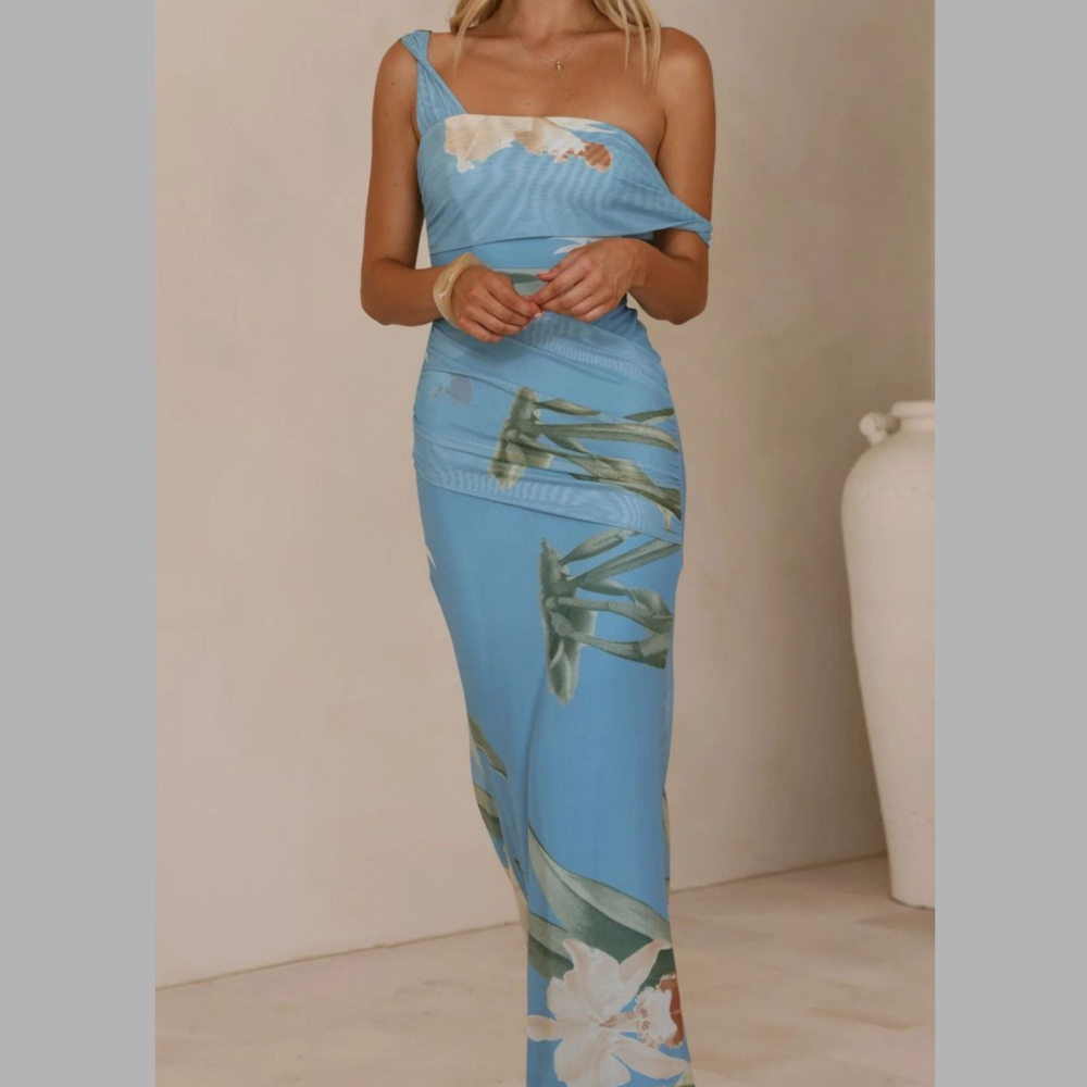 Floral Print One-Shoulder Ruched Maxi Dress