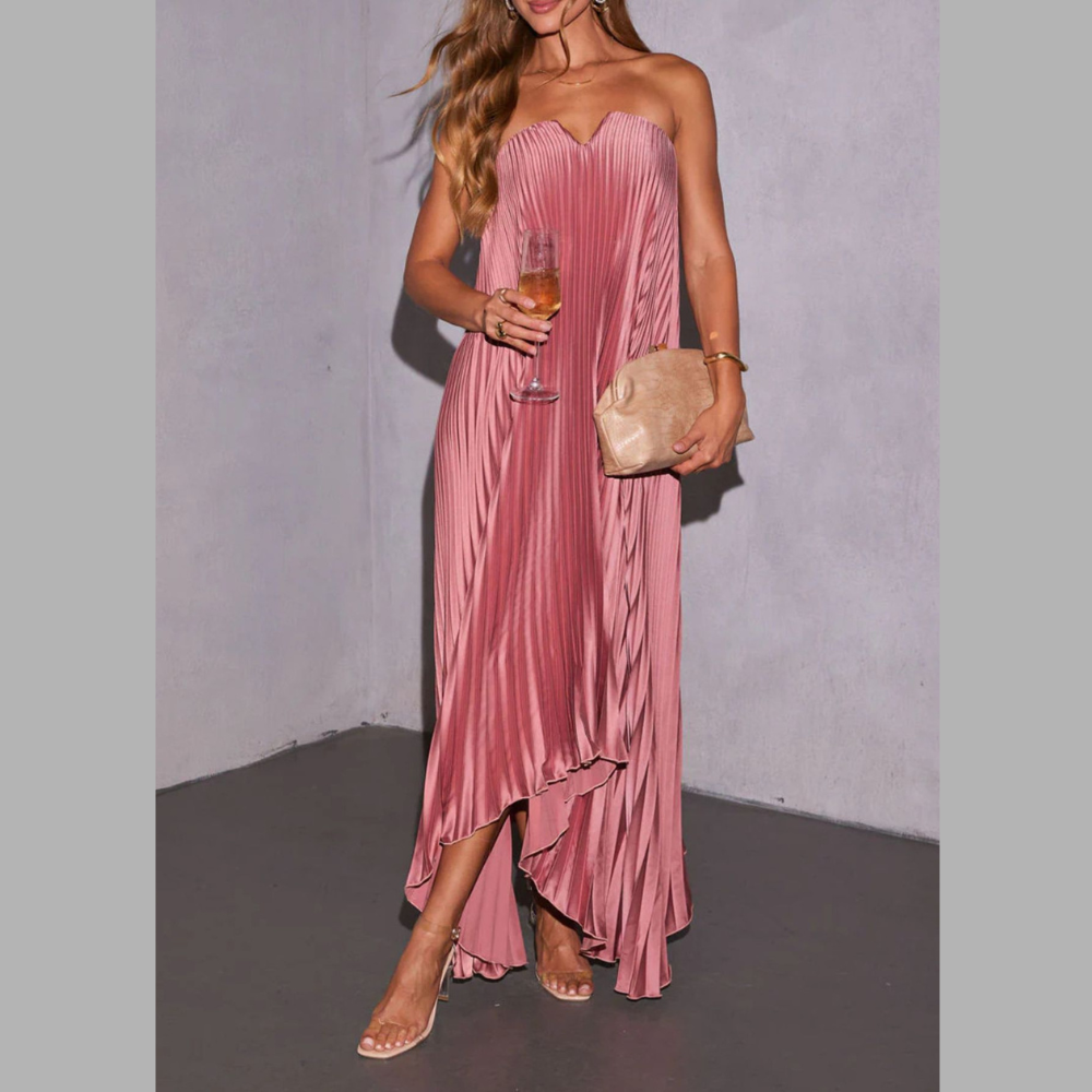 Pleated Strapless Asymmetrical Hem Maxi Dress