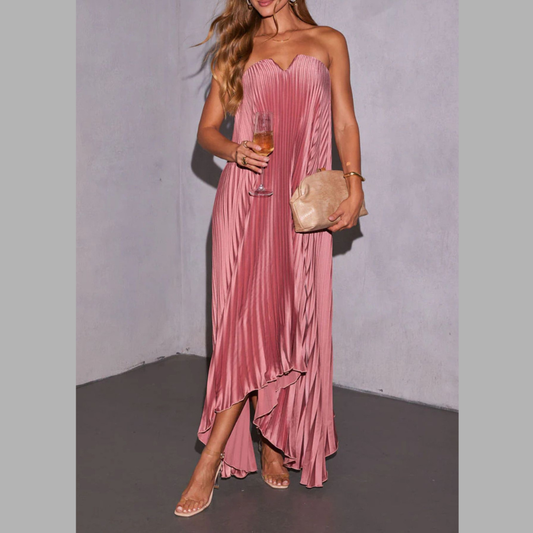 Pleated Strapless Asymmetrical Hem Maxi Dress