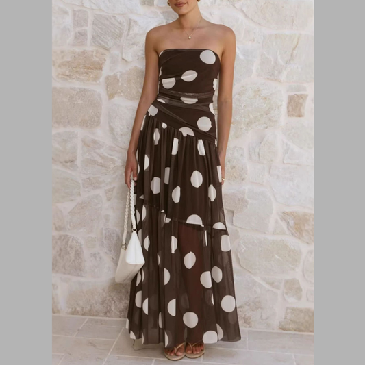Polka Dot Strapless Ruched Maxi Dress
