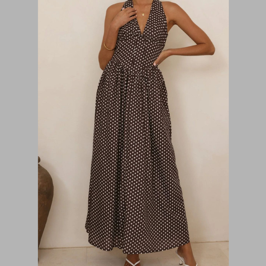 Backless Polka Dot Halter Neck Maxi Dress