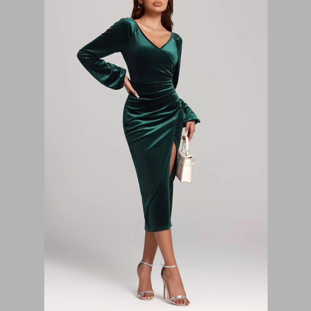 Velvet Long Sleeve Slit Midi Dress