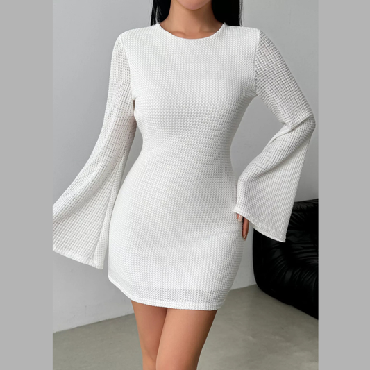 Backless Waffle Knit Flare Sleeve Mini Dress