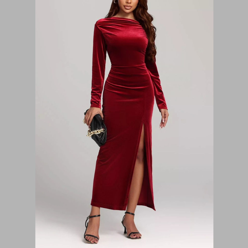 Ruched Velvet Long Sleeve Slit Dress