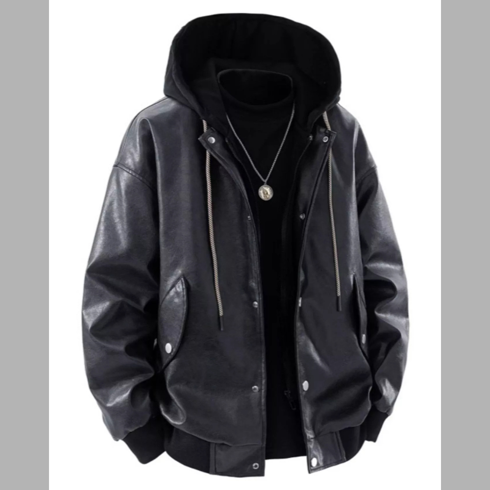 Men's Plus Size Hooded Faux Leather Moto Jacket