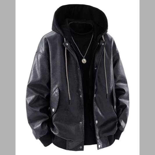 Men's Plus Size Hooded Faux Leather Moto Jacket