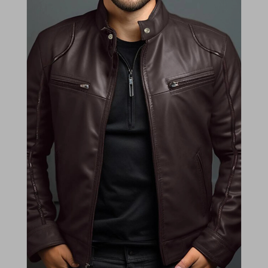 Men's Full Size Leather Motorcycle Jacket with Zipper Front Plus Size