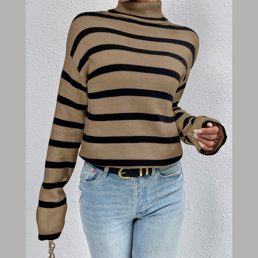 Striped Turtleneck Drop Shoulder Sweater