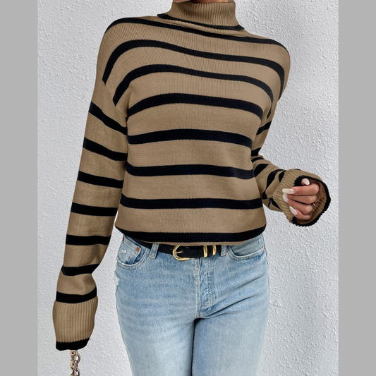 Striped Turtleneck Drop Shoulder Sweater