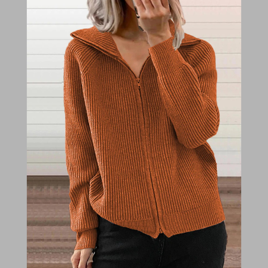 Full Size Ribbed Knit Zip-Up Outerwear Plus Size