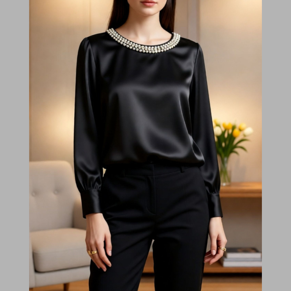 Pearl Trim Round Neck Silk Blouse