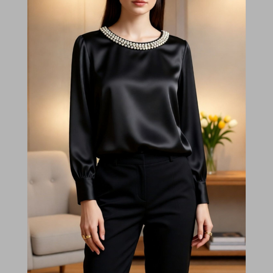 Pearl Trim Round Neck Silk Blouse