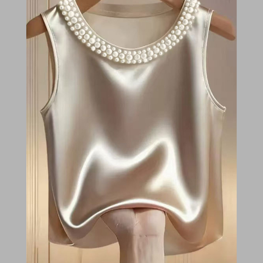 Pearl Embellished Satin Tank Top