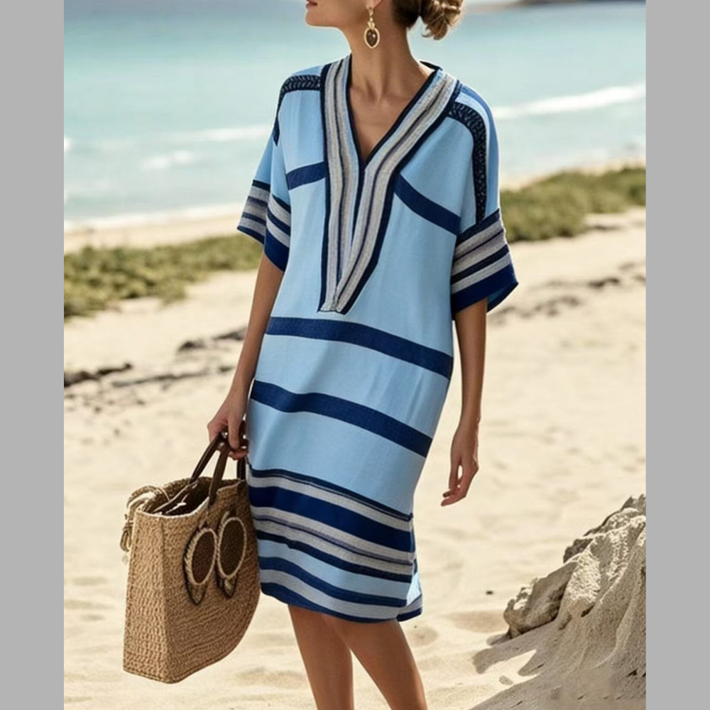 Full Size Striped Half Sleeve Midi Dress Plus Size