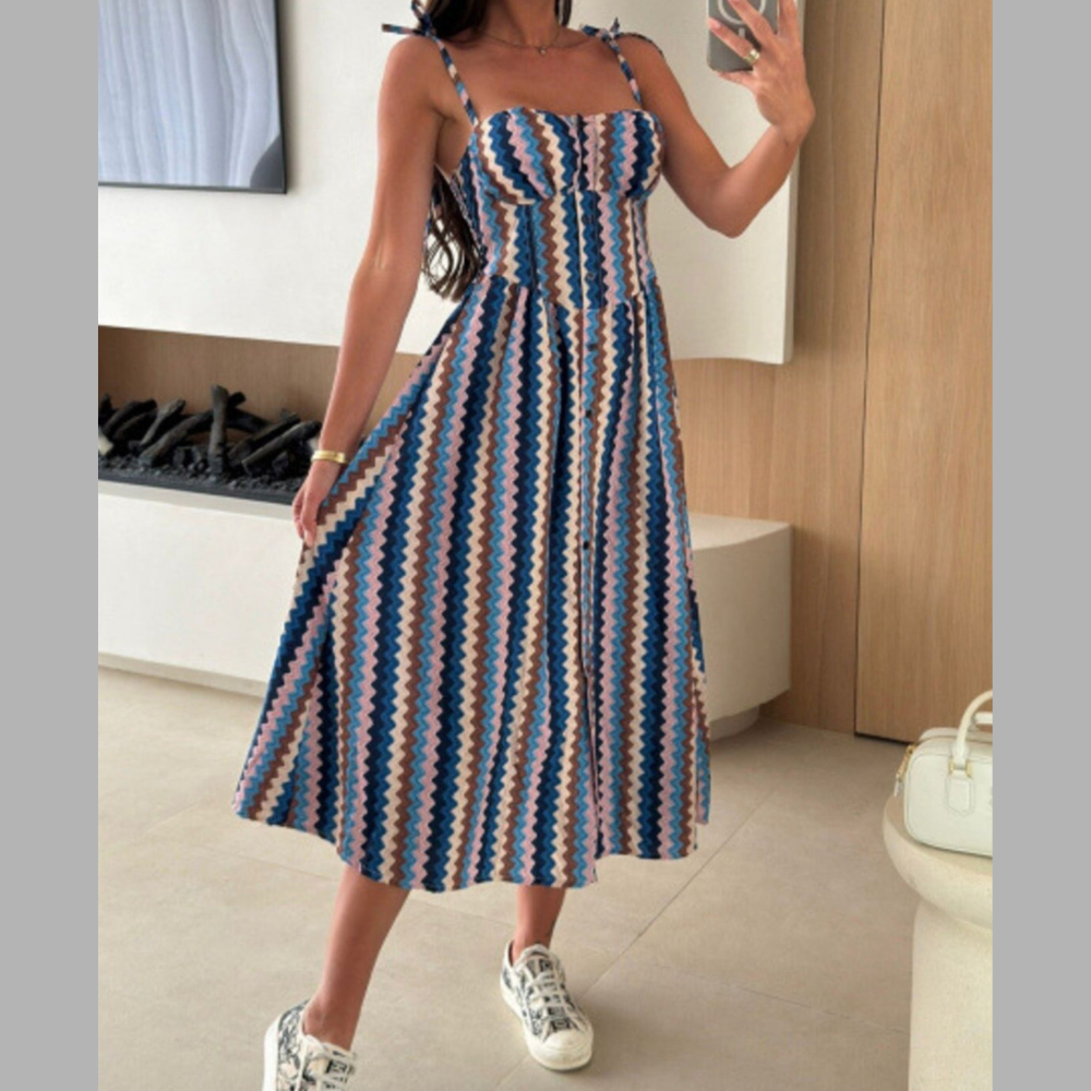 Striped Tie-Shoulder Midi Dress