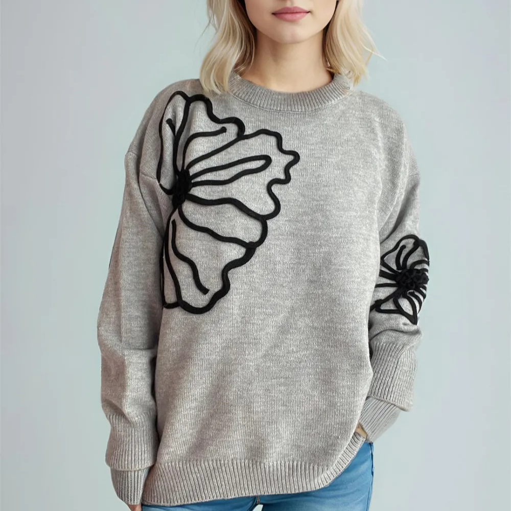Flower Round Neck Long Sleeve Sweater