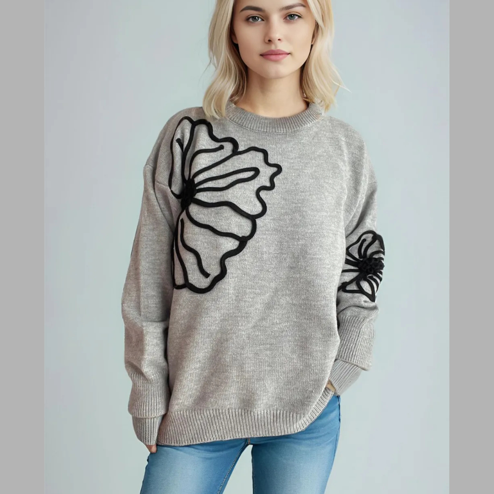 Flower Round Neck Long Sleeve Sweater