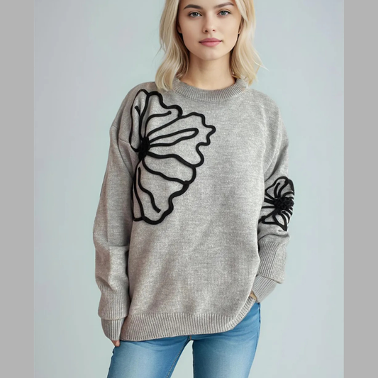 Flower Round Neck Long Sleeve Sweater