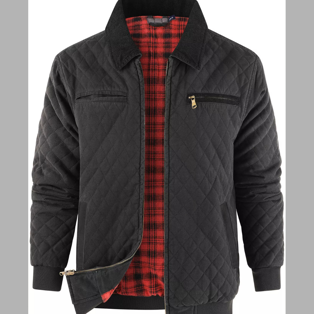 Men's Quilted Collared Neck Jacket with Plaid Lining