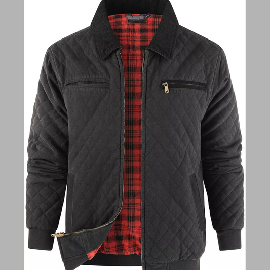 Men's Quilted Collared Neck Jacket with Plaid Lining