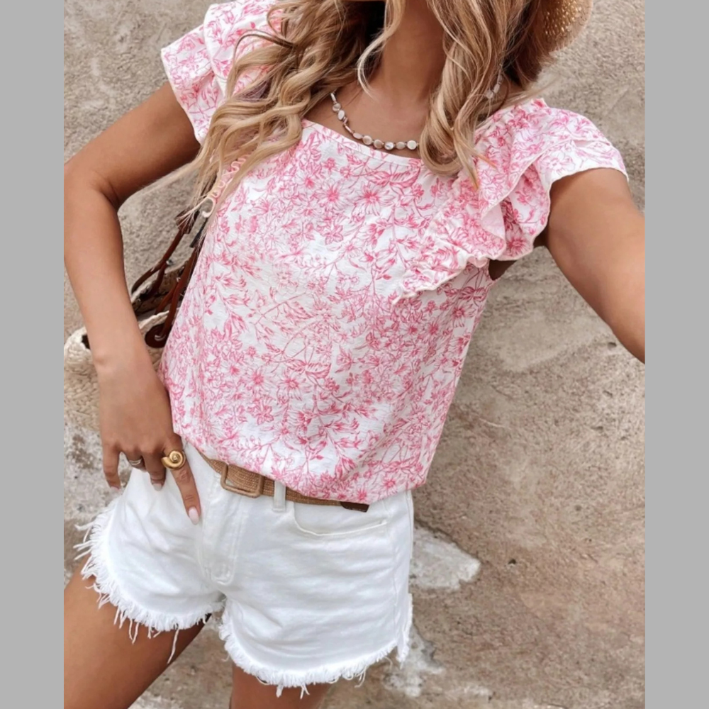Floral Print Ruffle Trim Blouse