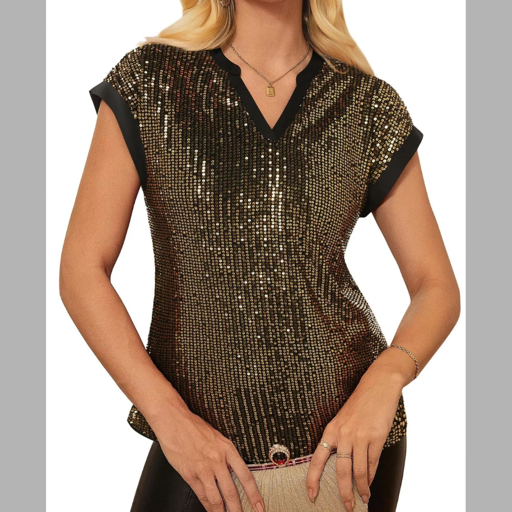 Sequin Notched Cap Sleeve Blouse