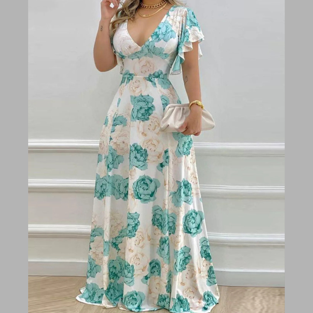 Floral Print V-Neck Ruffle Sleeve Maxi Dress