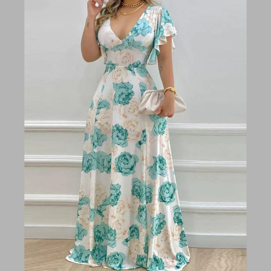 Floral Print V-Neck Ruffle Sleeve Maxi Dress
