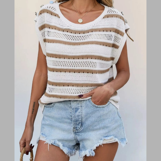 Openwork Round Neck Cap Sleeve Casual Knit Top