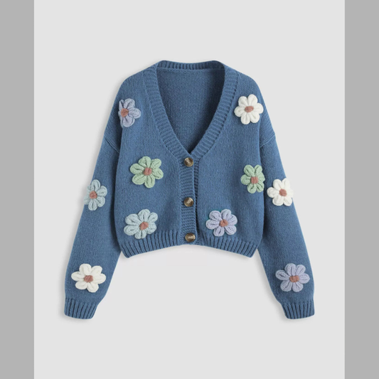 Floral Applique V-Neck Knit Cardigan