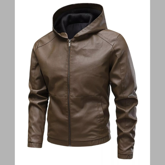 Men's Hooded Faux Leather Moto Jacket