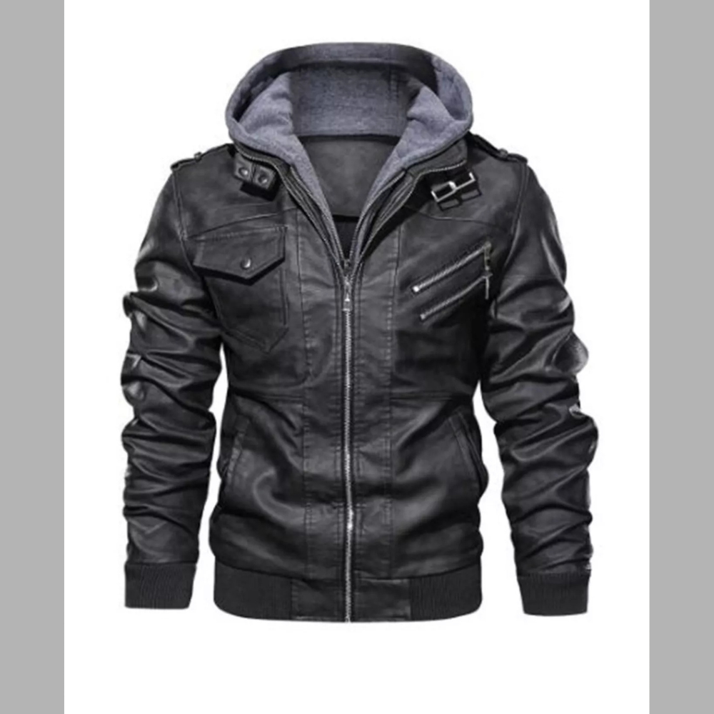 Men's Full Size Hooded Faux Leather Casual Moto Jacket Plus Size