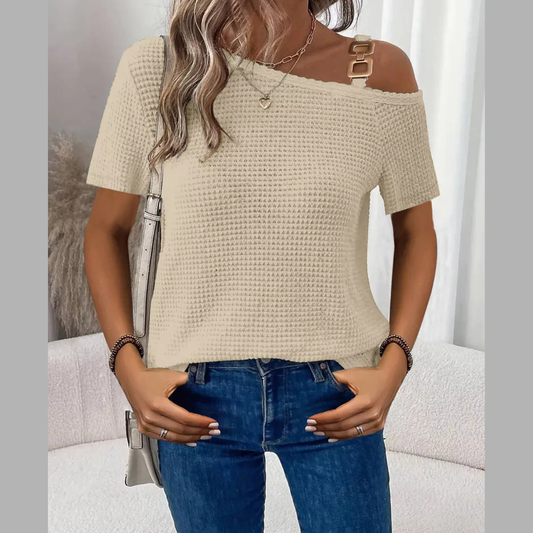 One-Shoulder Chain Detail Waffle Knit T-Shirt