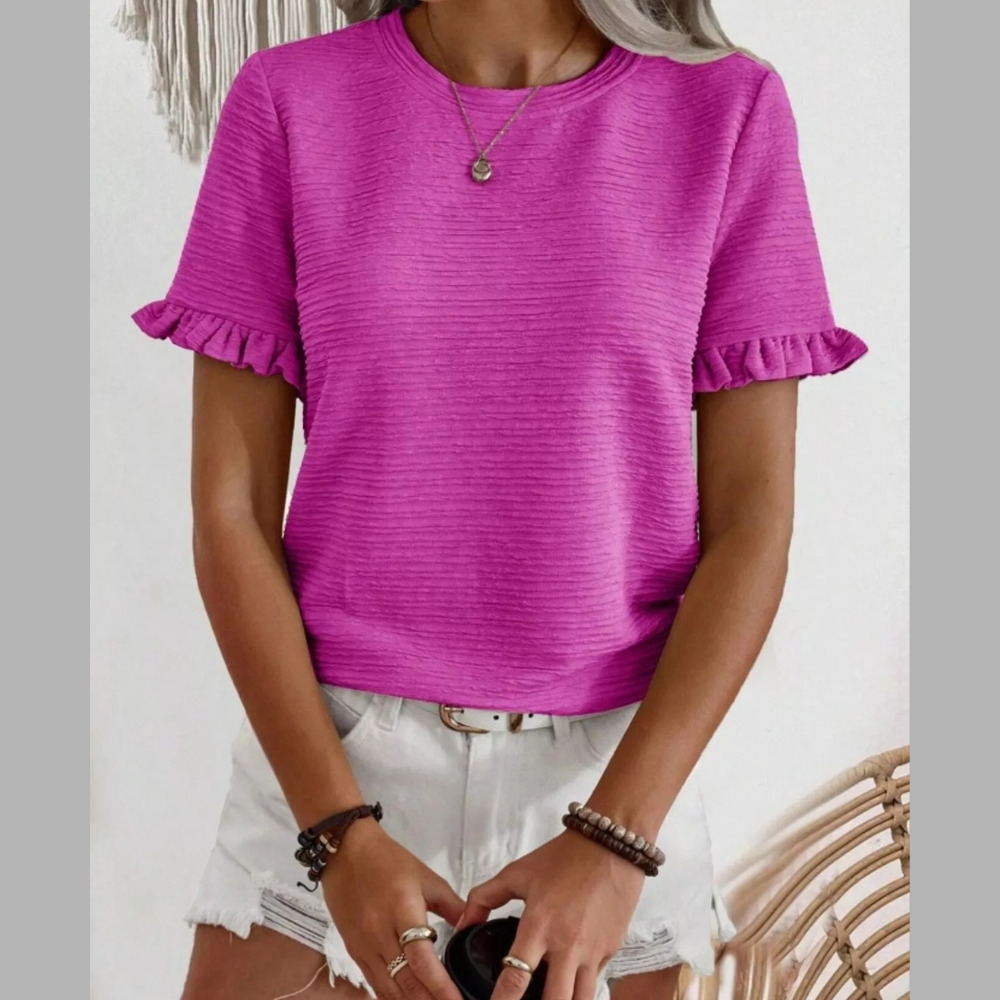 Textured Ruffle Sleeve Round Neck T-Shirt