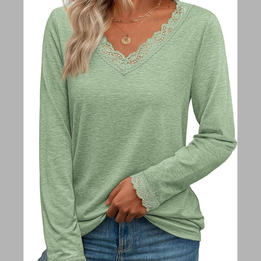 Lace Trim V-Neck Long Sleeve T-Shirt