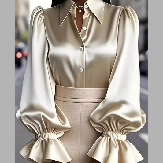 Satin Button Up Flounce Sleeve Shirt