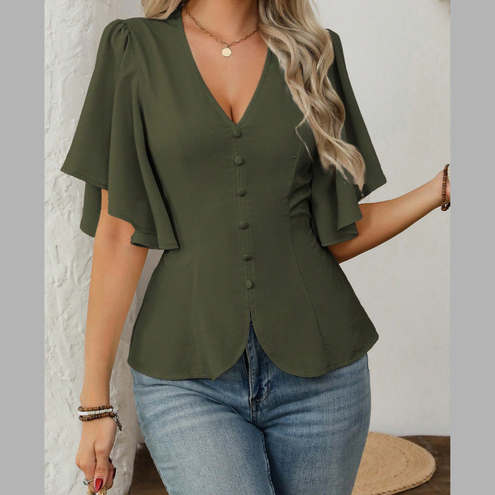 V-Neck Flutter Sleeve Blouse