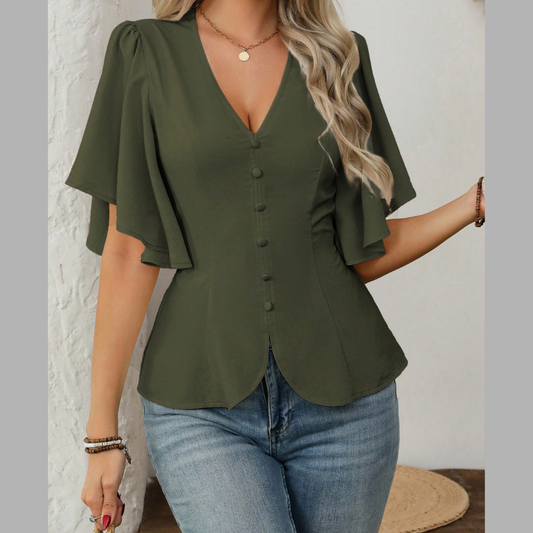 V-Neck Flutter Sleeve Blouse