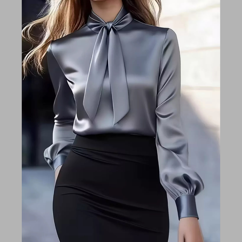 Satin Bow Tie Long Sleeve Blouse