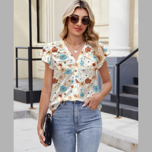 Floral Print V-Neck Cap Sleeve Casual Summer Blouse