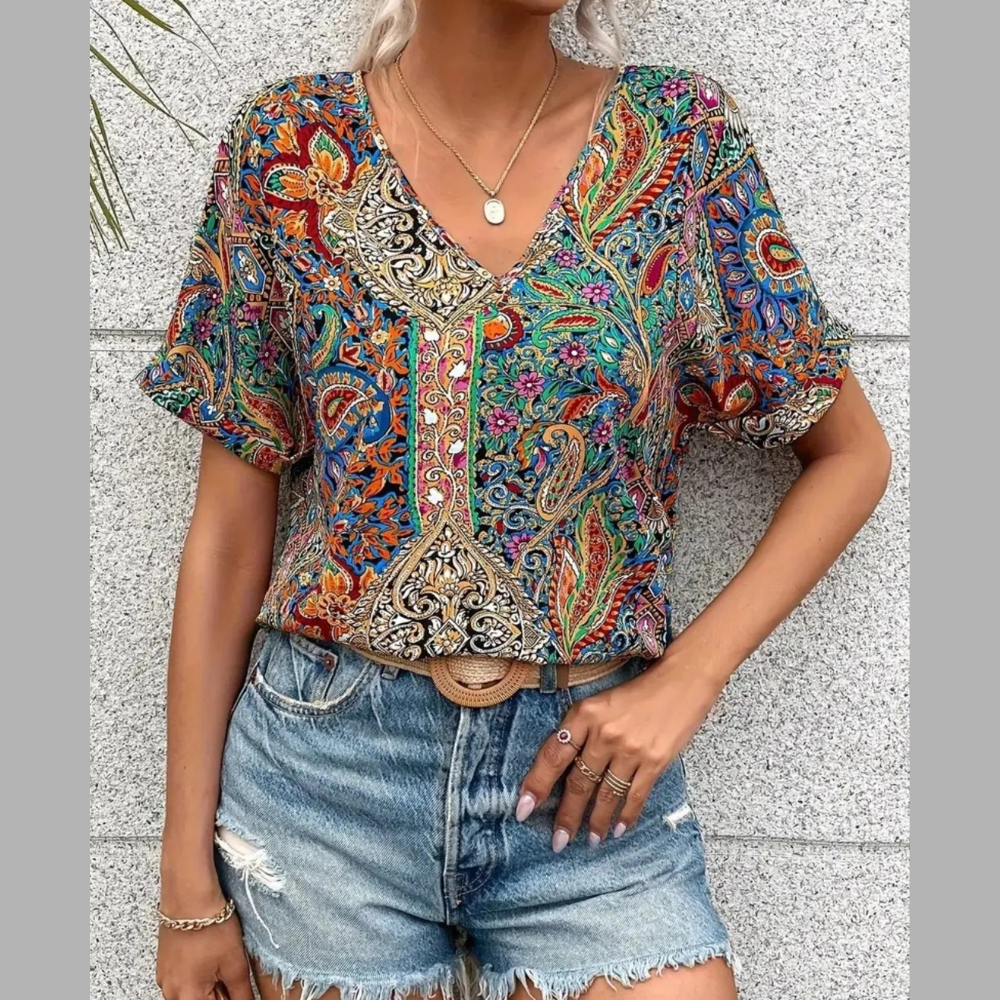 Bohemian Paisley Print V-Neck Short Sleeve T-Shirt