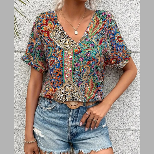 Bohemian Paisley Print V-Neck Short Sleeve T-Shirt