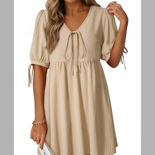 Tie-Neck Puff Sleeve A-Line Mini Dress