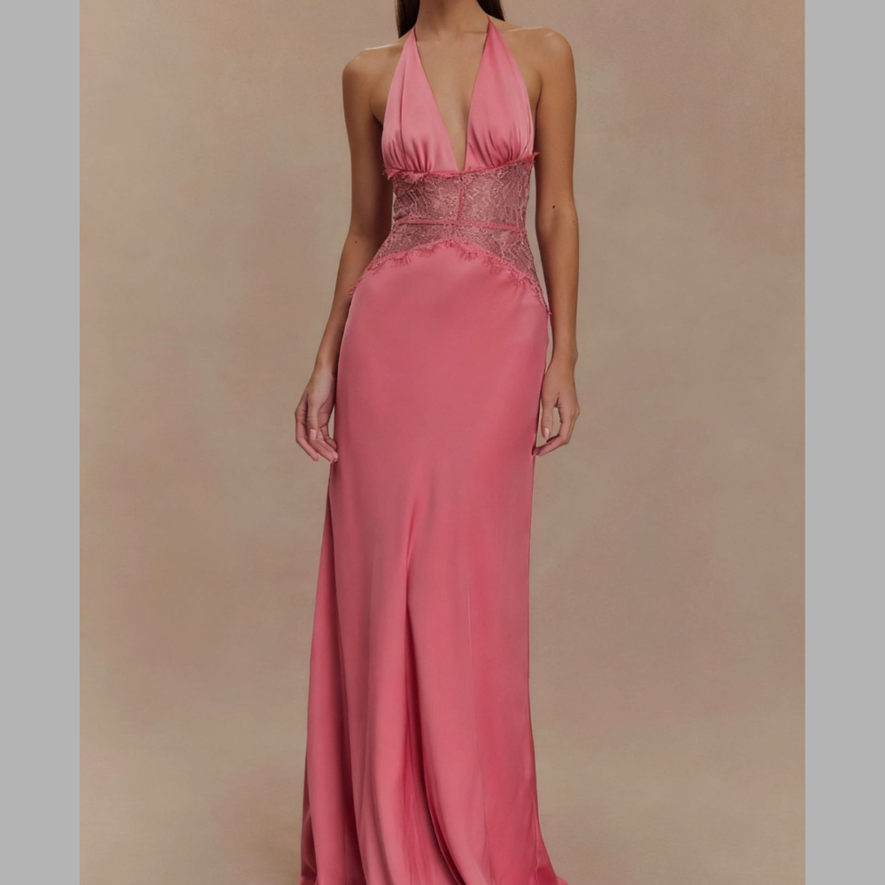 Halter Neck Lace Trimmed Maxi Dress