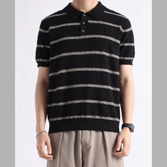 Men's Plus Size Striped Knit Button Detail Polo