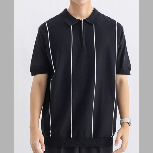 Men's Plus Size Striped Zip-Up Knit Polo