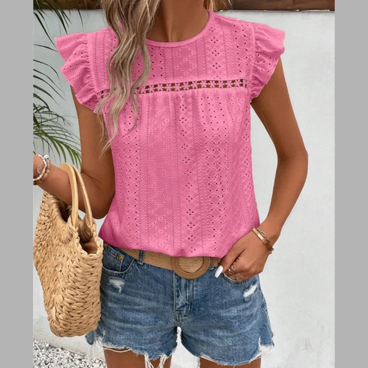 Eyelet Round Neck Cap Sleeve Casual Top